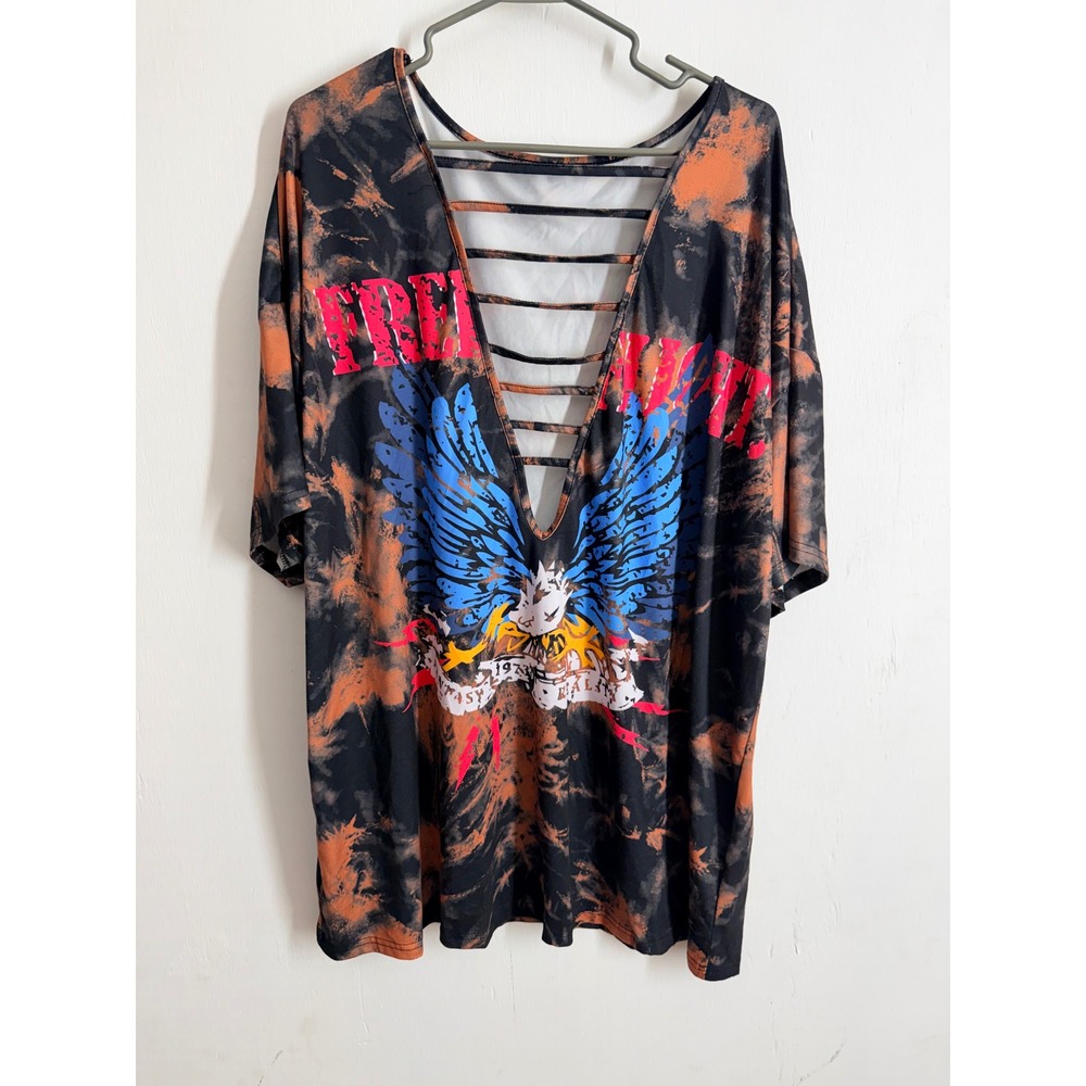 SHEIN Curve 2XL Tie Dye Eagle Graphic Tee Strappy Cutout V-Neck Oversized Top